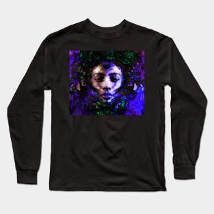 Beautiful girl face, near flowers. Green and violet. Fantasy, sci-fi. Look like robot. Long Sleeve T-Shirt